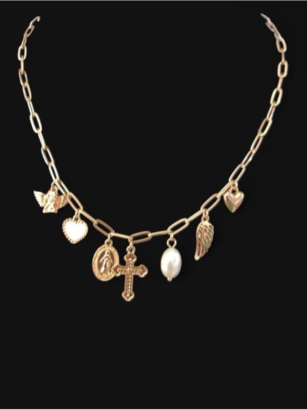 Gold Charm Link Necklace with Cross, Pearl and Heart Charms